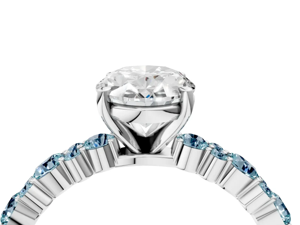 Oval Cut Diamond Side Stone Solitaire Ring with Round Aquamarine and Four-Prong Setting Silver