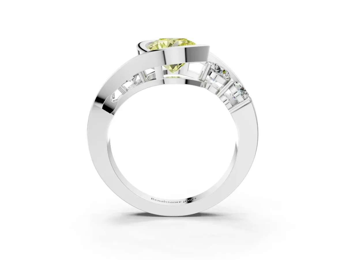 Fancy Yellow Bezel Set Round Cut Diamond Bypass Ring with Round Accents Silver