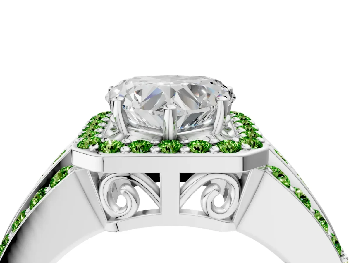 Heart Cut Halo Diamond Ring with Round Peridot Split Shank and Prong Setting Silver