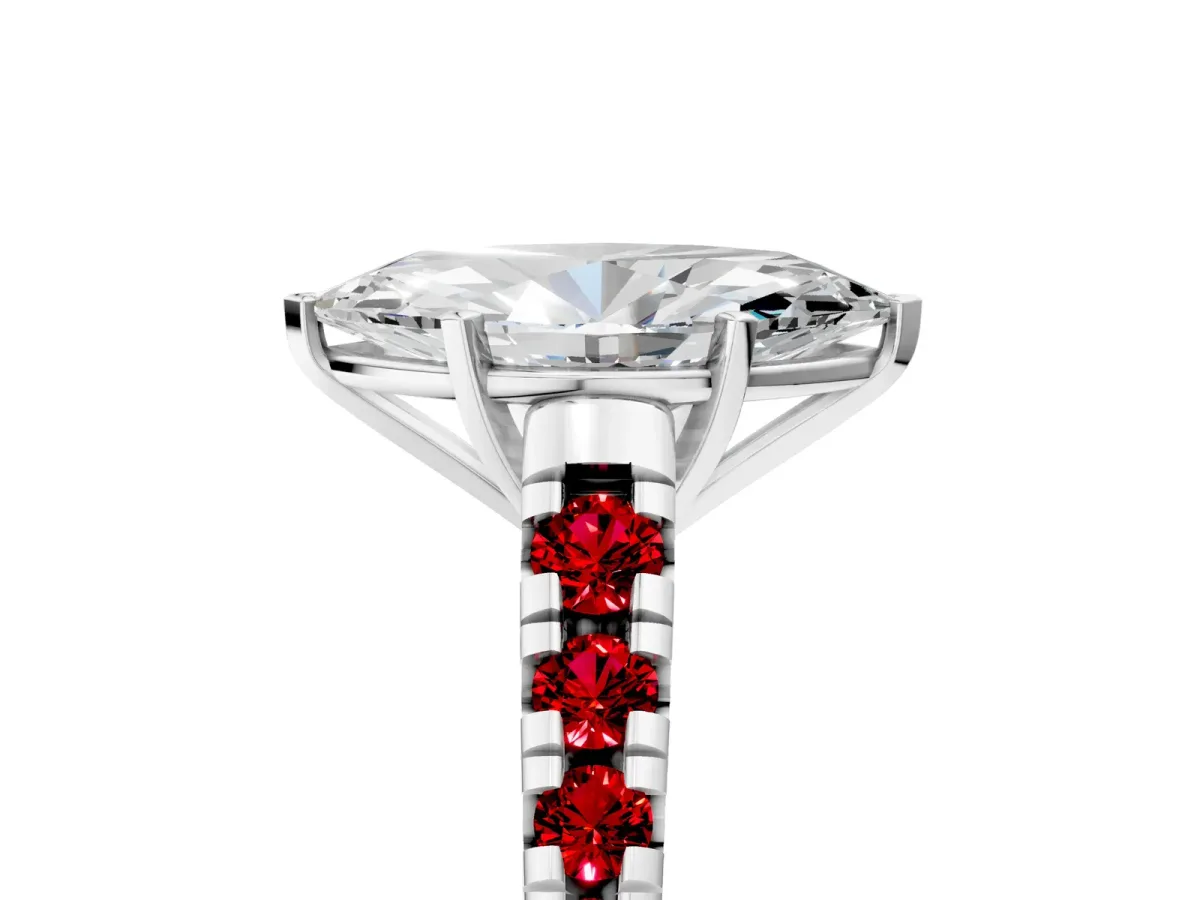 Marquise Cut Diamond Cathedral Solitaire Ring with Round Ruby Pavé Band White gold