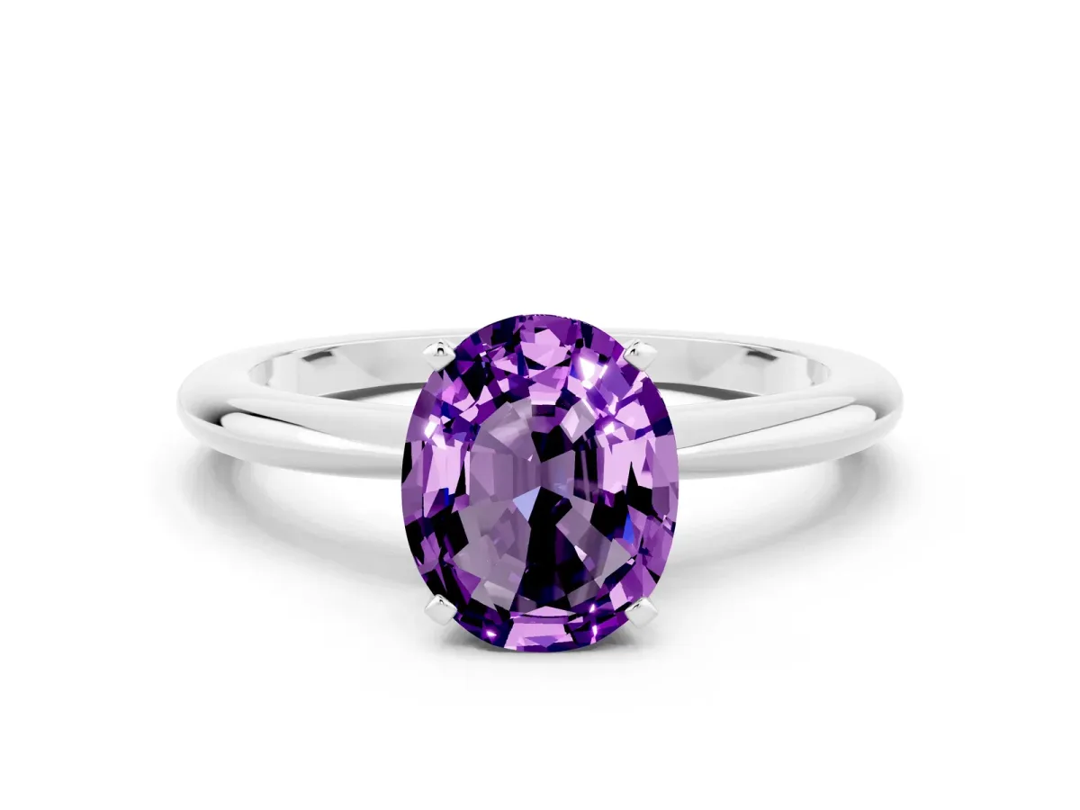 Oval Cut Amethyst Solitaire Ring with Six-Prong Setting and Classic Band Silver