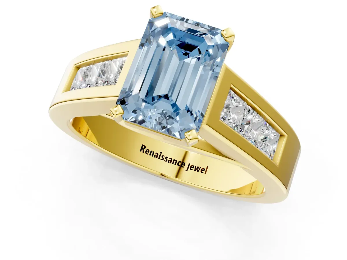 Fancy Blue Emerald Cut Cut Channel Set Solitaire Ring with Four-Prong Setting Yellow gold