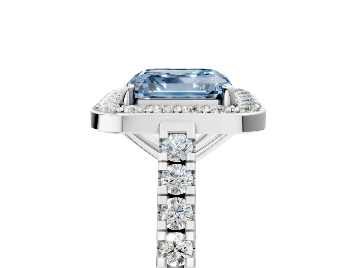 Fancy Blue Asscher Cut Diamond Halo Ring with Round Pavé Split Shank and Prong Setting Platinum