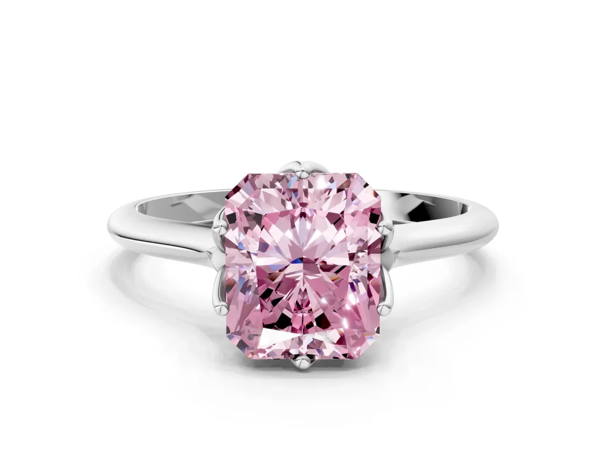 Fancy Pink Radiant Cut Solitaire Cathedral Diamond Ring with Six-Prong Setting Platinum