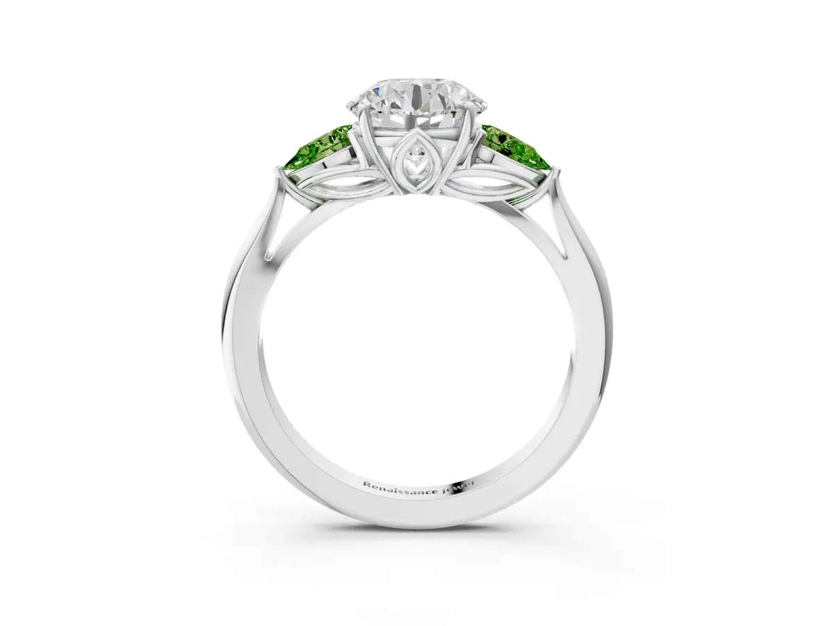 Round Cut Diamond Three-Stone Ring with Pear Peridot Side Stones and Prong Setting Silver