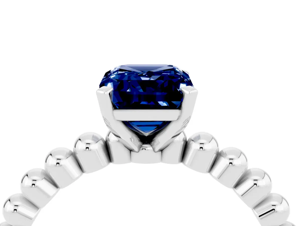 Emerald Cut Blue Sapphire Solitaire Ring with Beaded Band and Prong Setting Silver