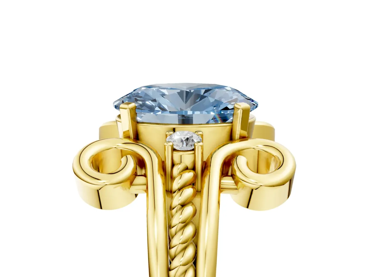 Fancy Blue Oval Cut Solitaire Twisted Band Scroll Prong Ring Yellow gold