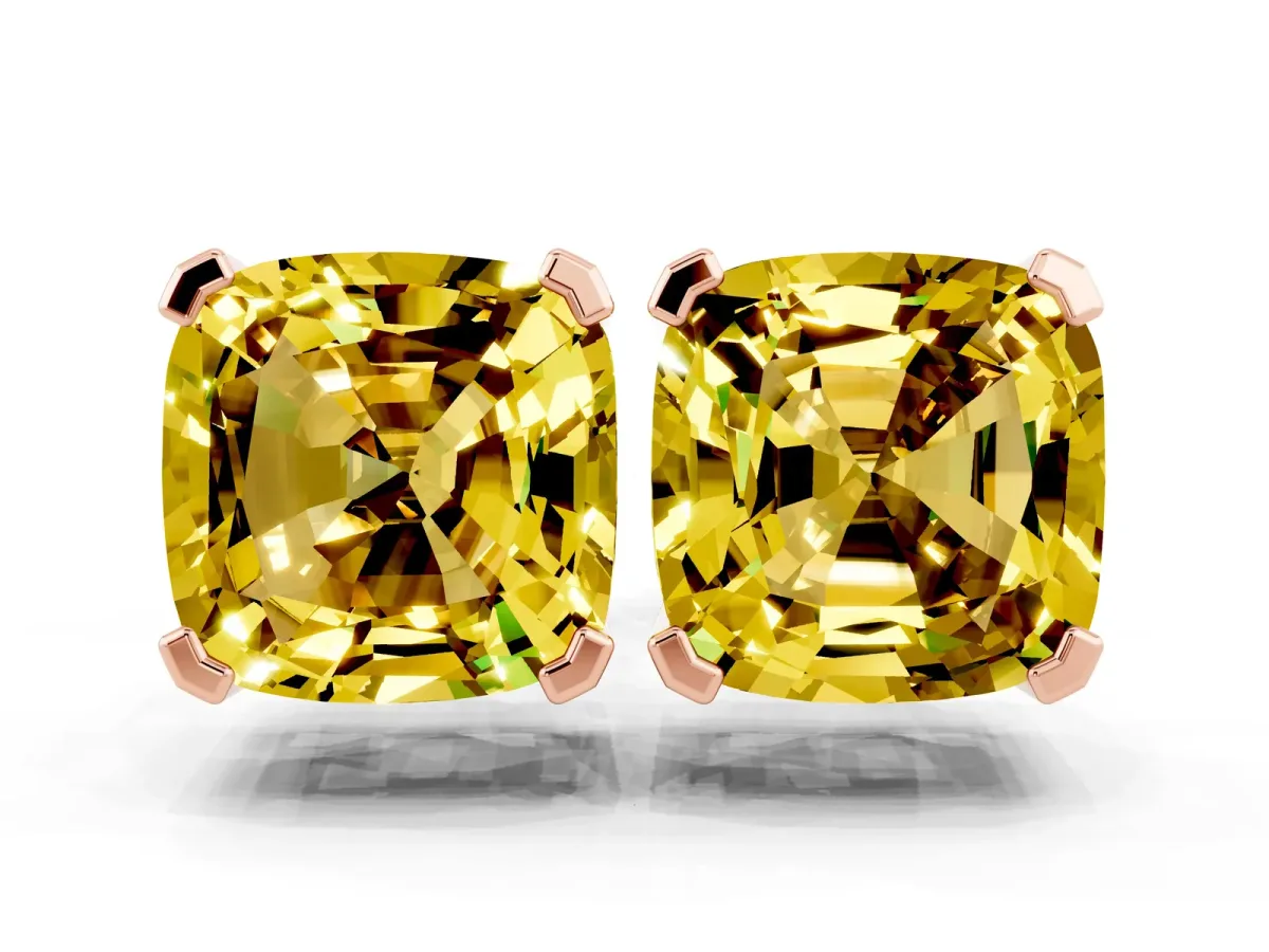 Cushion Cut Yellow Sapphire Stud Earrings Rose gold