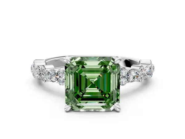 Fancy Green Asscher Cut Diamond Side Stone Solitaire Ring with Round and Four-Prong Setting Platinum
