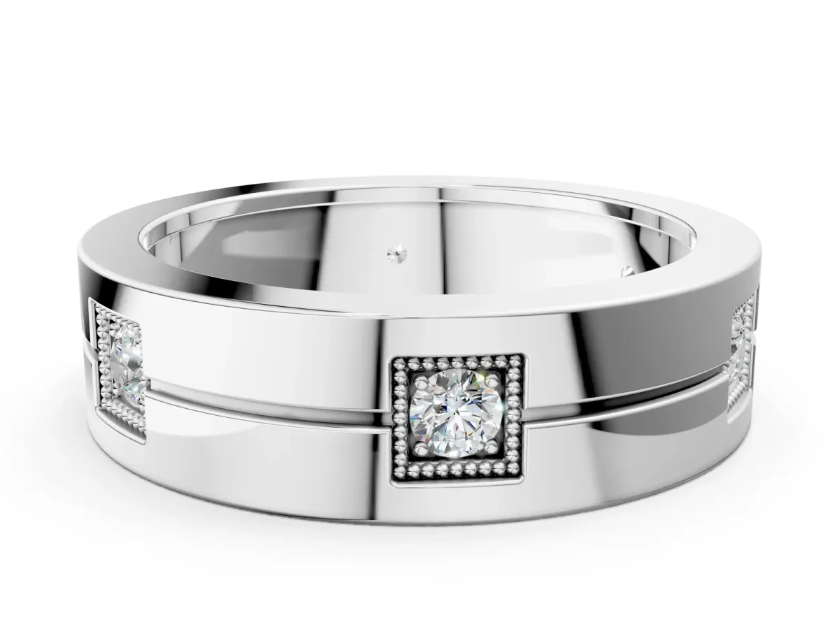 Round Diamond Square Station Mens Band Silver