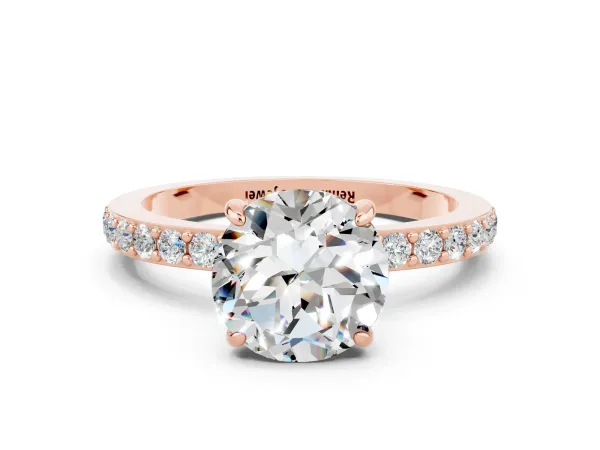 Round Cut Moissanite Solitaire Engagement Ring with Pavé Band and Four-Prong Setting Rose gold