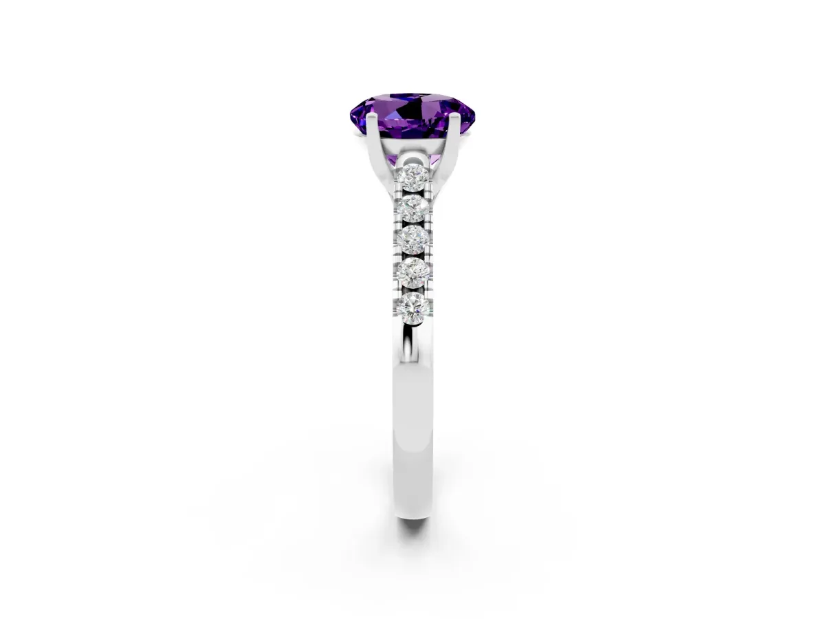 Round Cut Amethyst Pavé Band Solitaire Ring with Prong Setting White gold