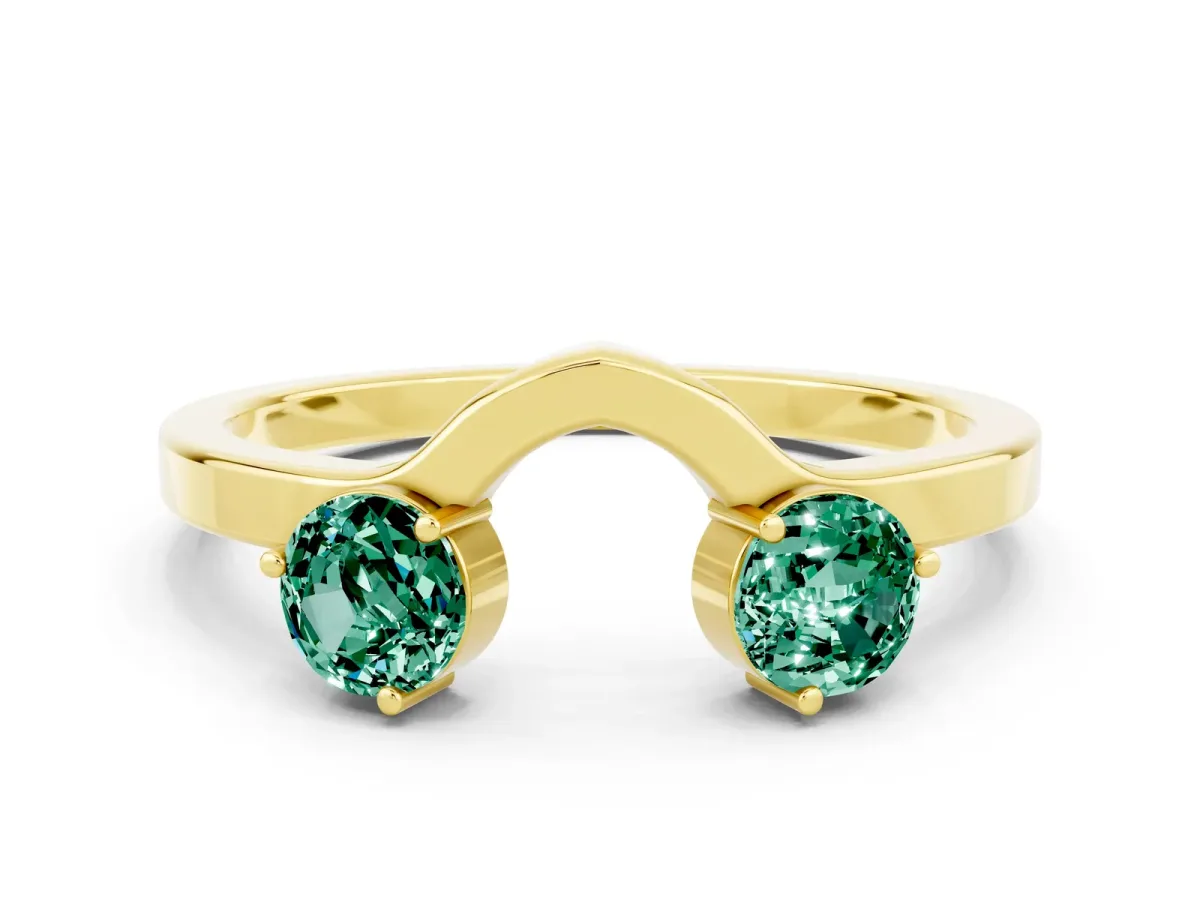 Dual Round Green Sapphire Open Band Ring with Prong Setting Yellow gold