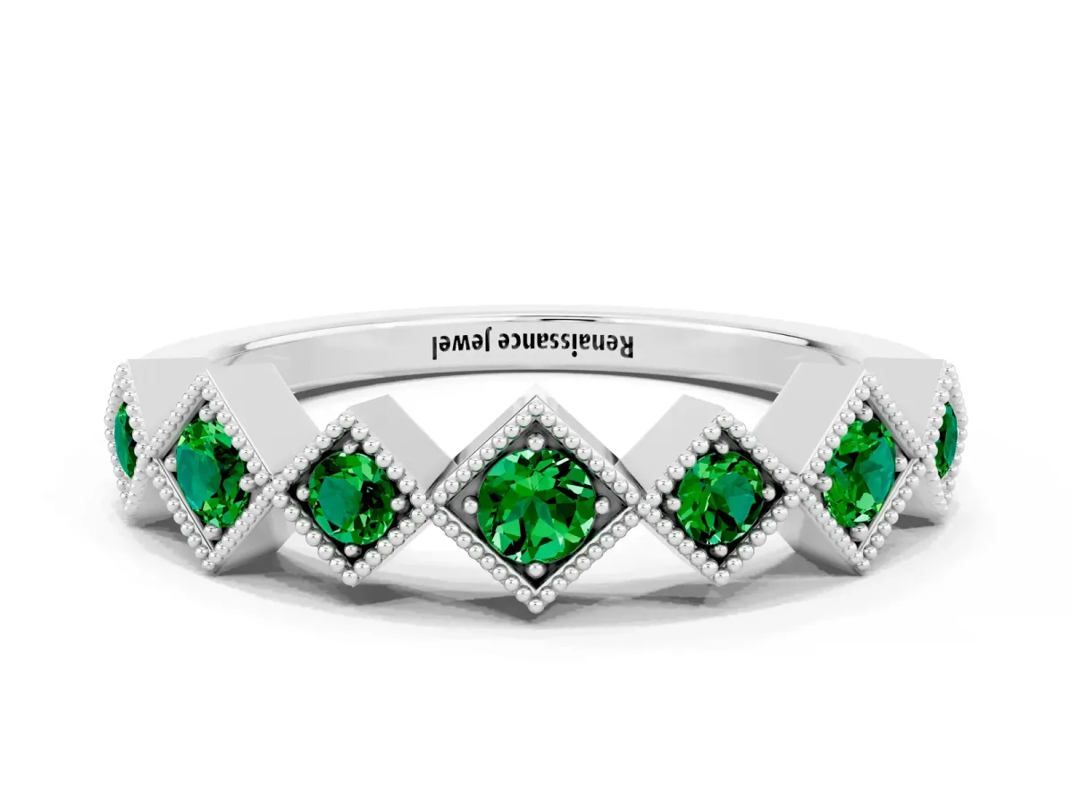 Milgrain Square Bezel Round Emerald Chevron Band Platinum