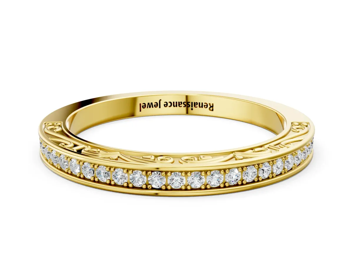 Channel Set Round Diamond Milgrain Engraved Band Yellow gold