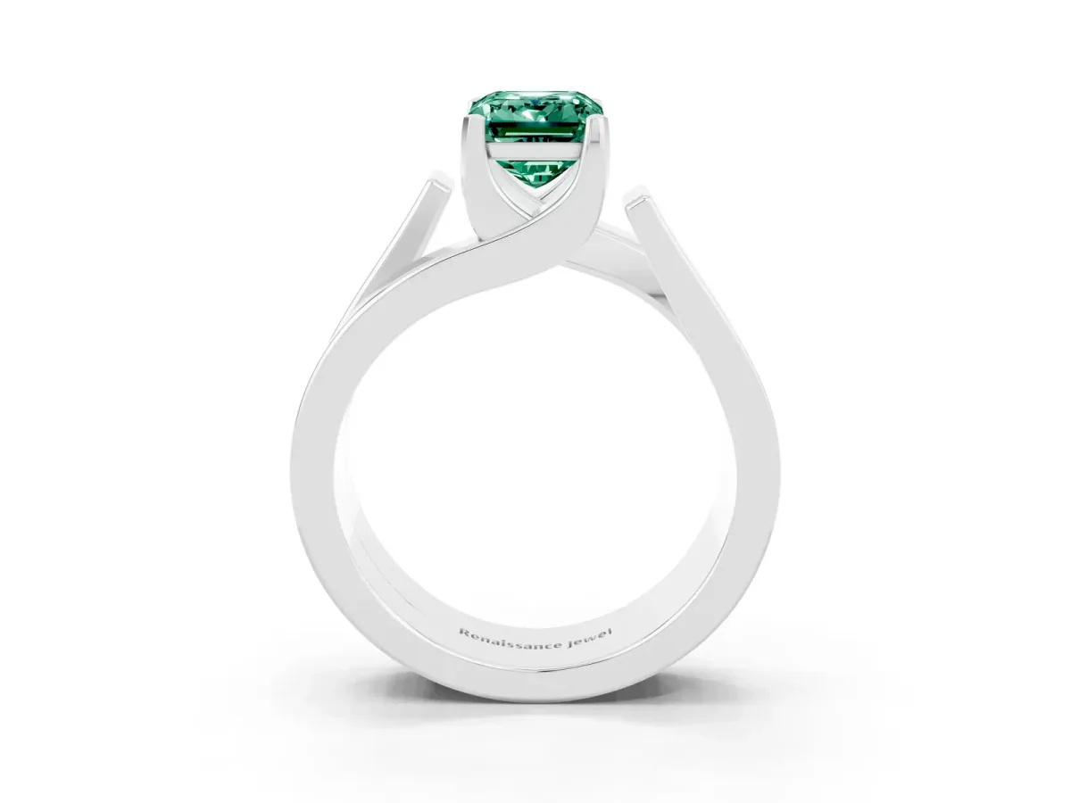 Modern Tension Set Emerald Cut Green Sapphire Solitaire Wide Band Ring Silver