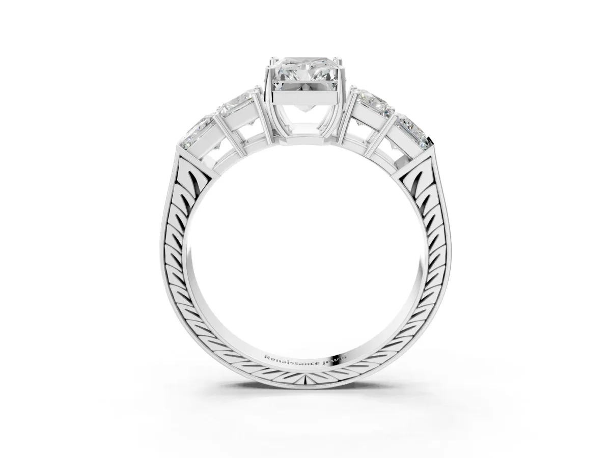 Radiant Cut Solitaire Princess Side Stone Engraved Band Prong Setting Ring Platinum