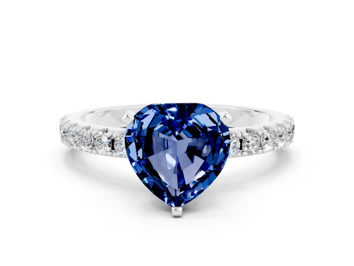Heart Cut Blue Sapphire Solitaire Pavé Band with Four-Prong Setting Silver