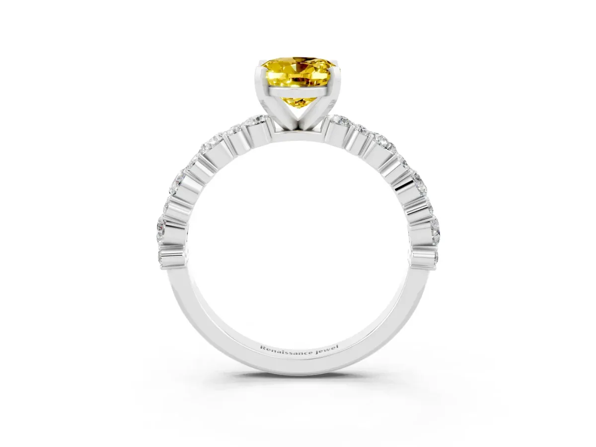 Oval Cut Yellow Sapphire Side Stone Solitaire Ring with Round and Four-Prong Setting Silver