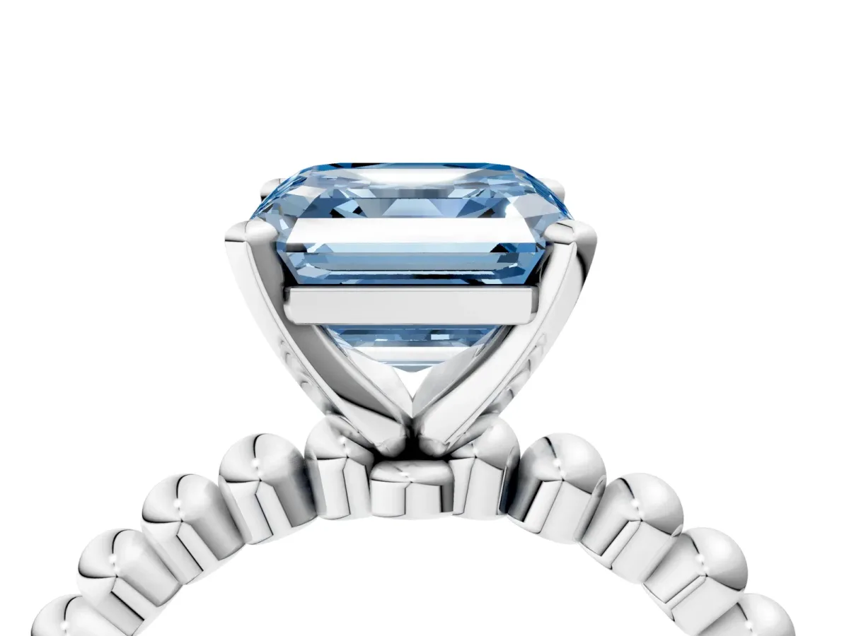Fancy Blue Asscher Cut Diamond Solitaire Ring with Beaded Band and Prong Setting Silver