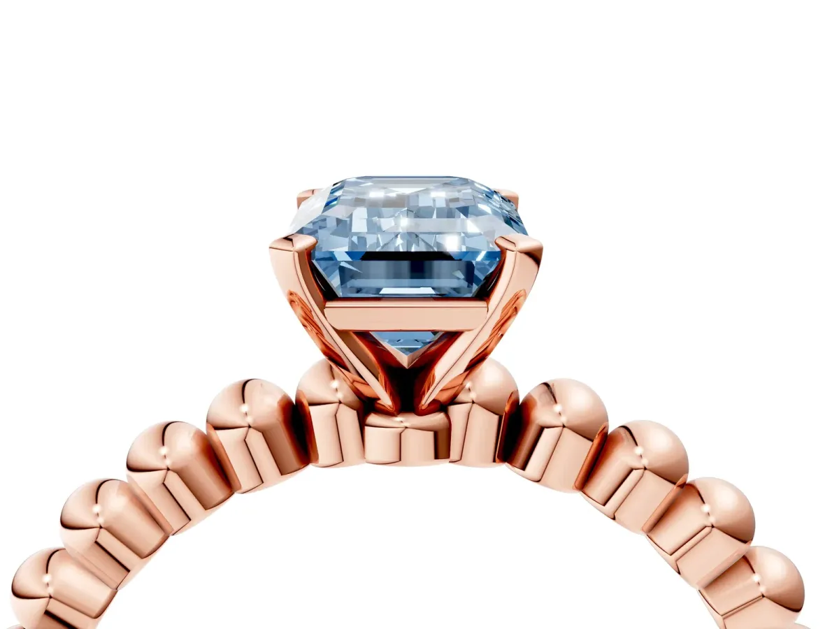 Fancy Blue Emerald Cut Diamond Solitaire Ring with Beaded Band and Prong Setting Rose gold
