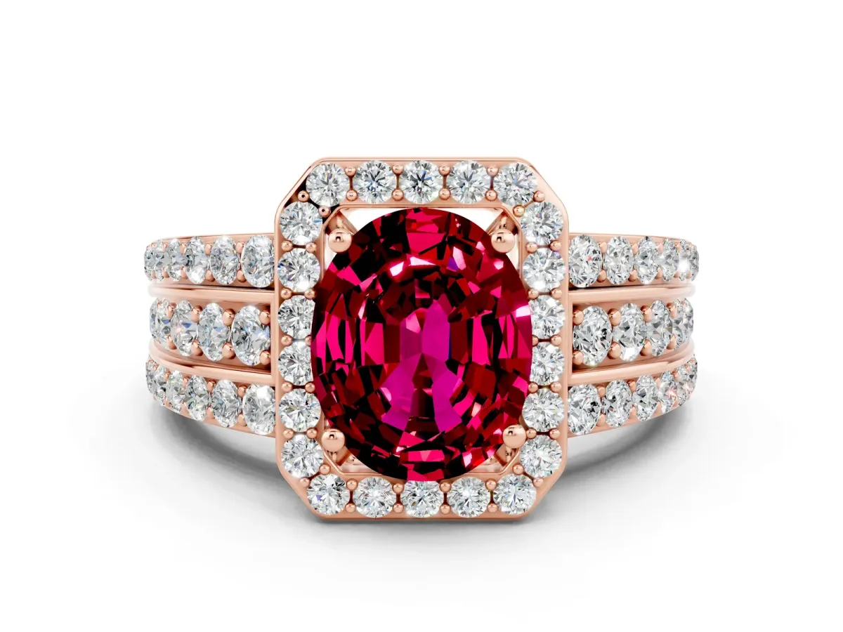 Oval Cut Halo Garnet Ring with Round Split Shank and Prong Setting Rose gold