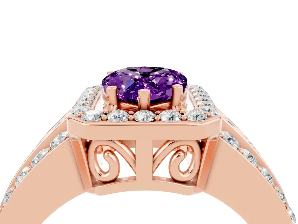 Pear Cut Halo Amethyst Ring with Round Split Shank and Prong Setting Rose gold