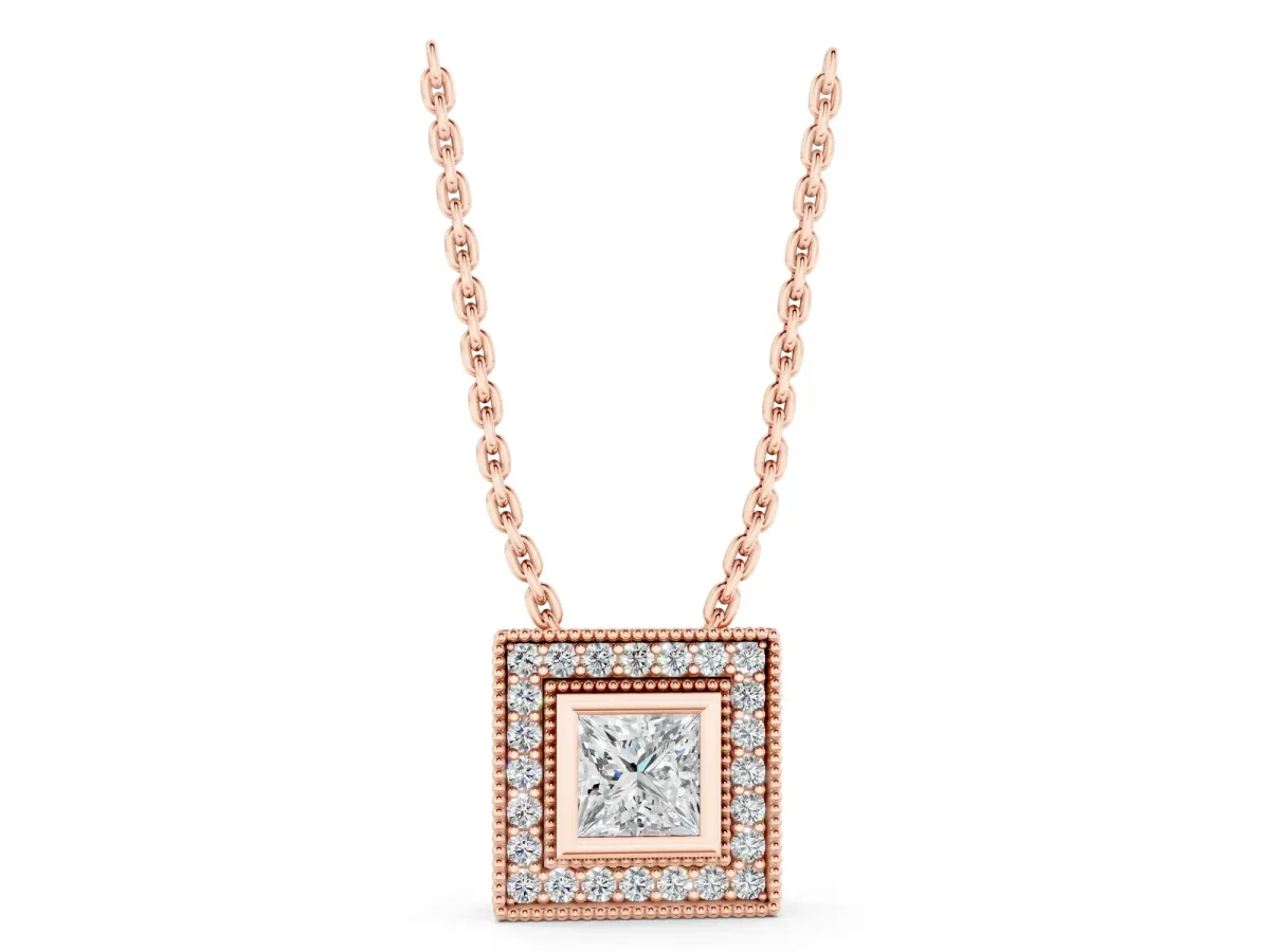 Square Halo Princess Cut Pendant with Bezel Setting Rose gold