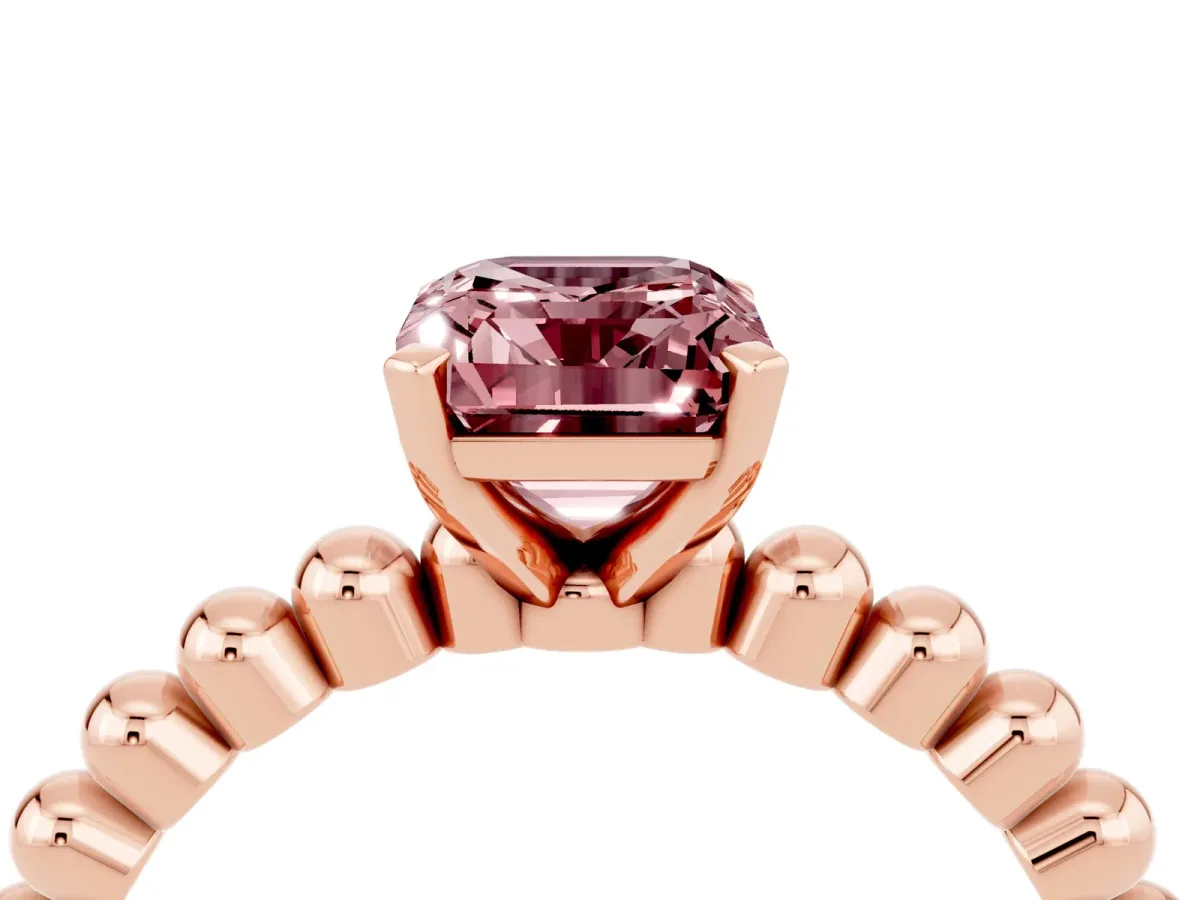 Emerald Cut Morganite Solitaire Ring with Beaded Band and Prong Setting Rose gold