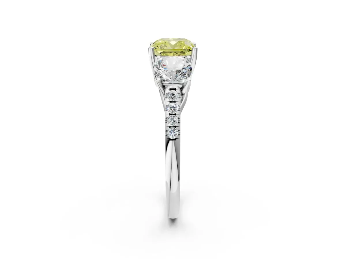 Fancy Yellow Three-Stone Cushion Cut Diamond Ring with Round Pavé Band and Prong Setting Silver