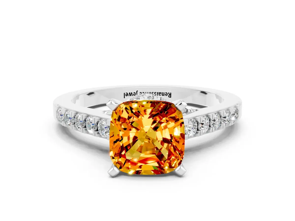Cushion Cut Citrine Solitaire Ring with Crossover Gallery and Round Pavé Band Silver