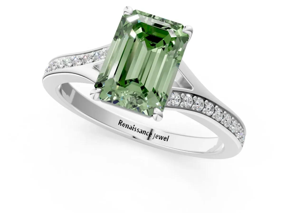 Fancy Green Emerald Cut Diamond Solitaire Ring with Pavé Band and Prong Setting Silver