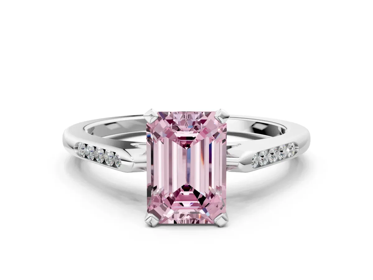 Fancy Pink Emerald Cut Diamond Solitaire Ring with Channel Set Round Band and Prong Setting Silver