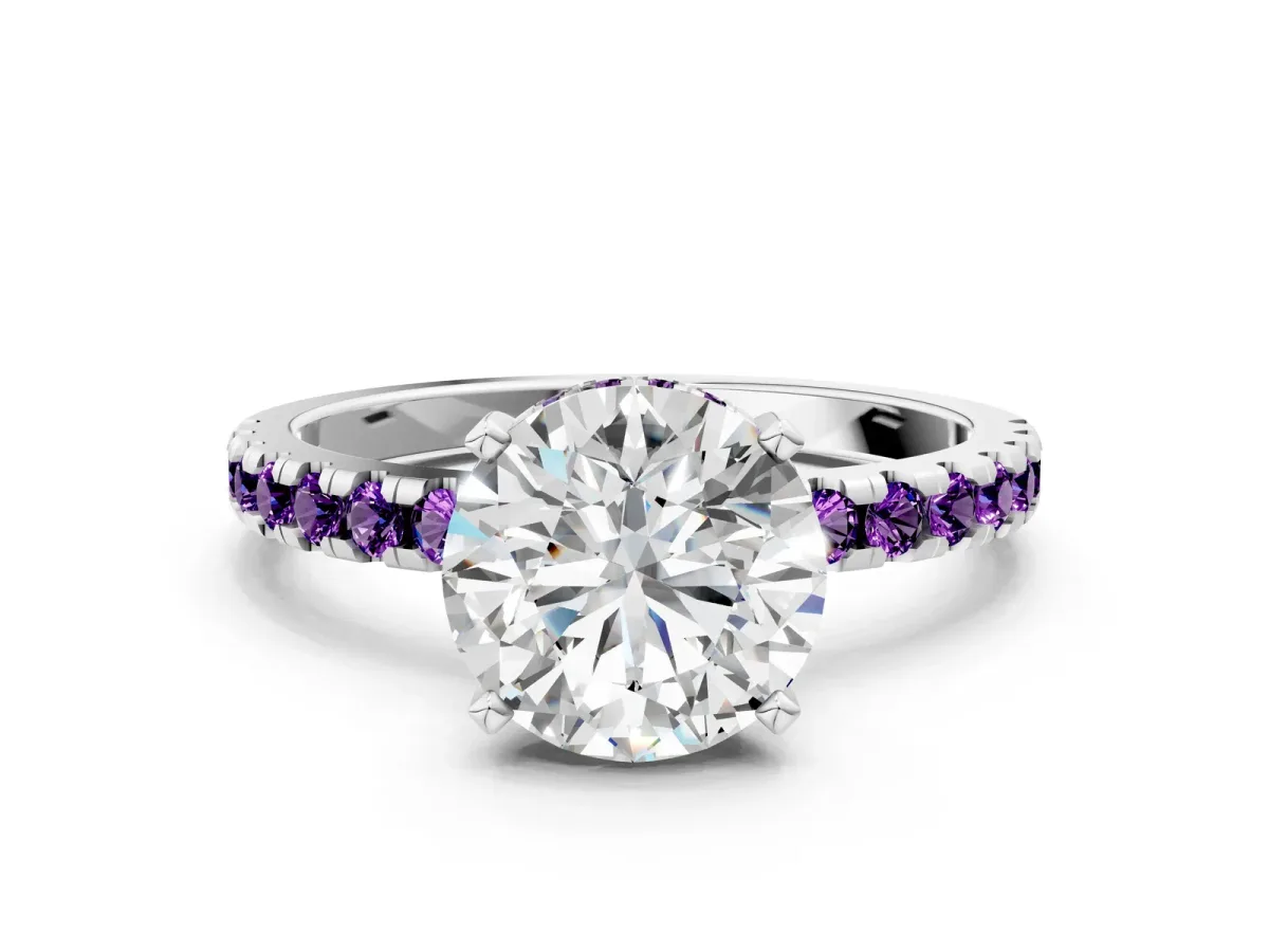 Round Cut Diamond Solitaire Ring with Round Amethyst Pavé Band and Four-Prong Setting Silver