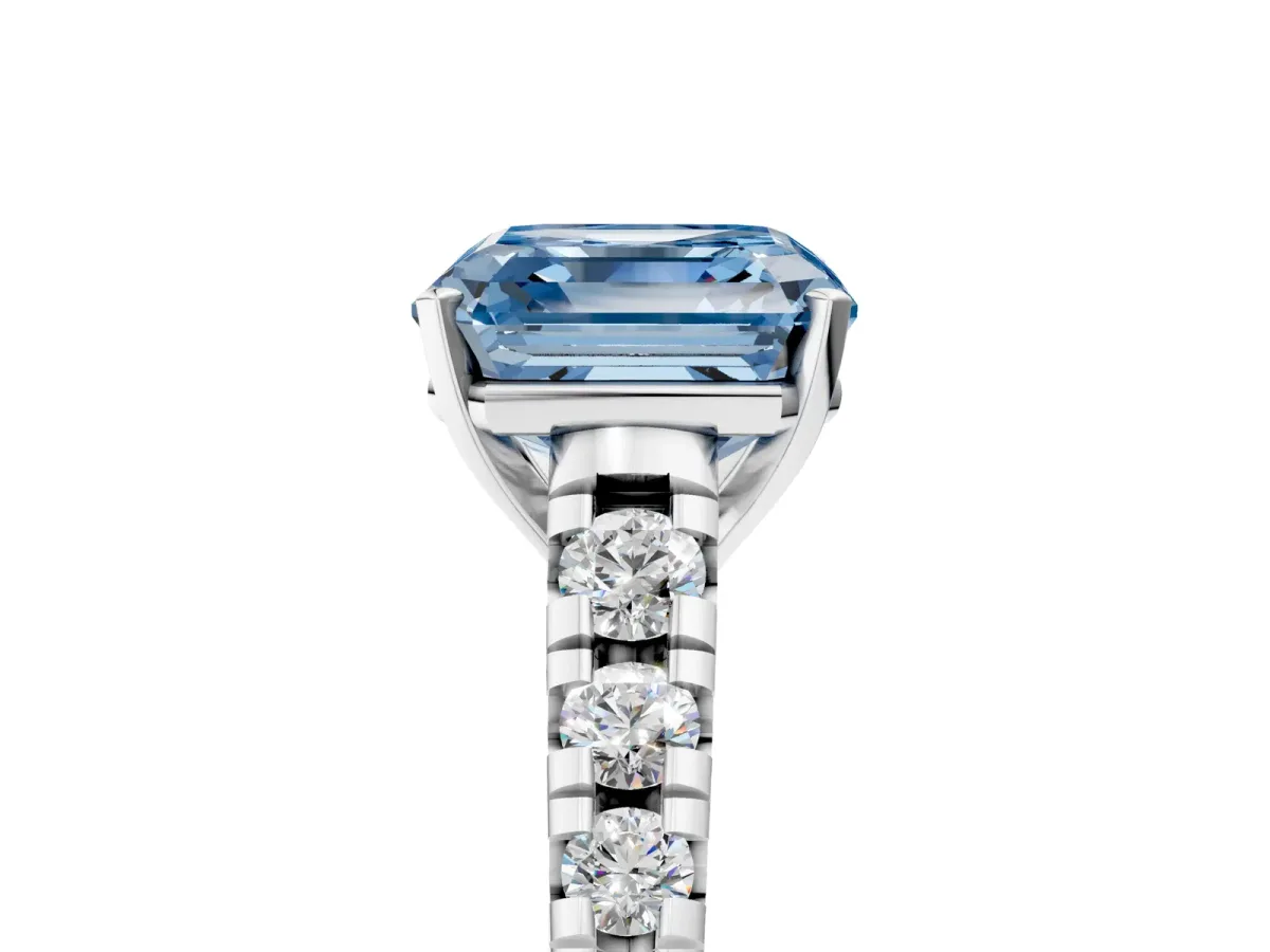 Fancy Blue Asscher Cut Diamond Cathedral Solitaire Ring with Round Pavé Band Platinum
