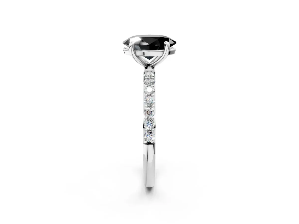 Fancy Black Oval Cut Diamond Solitaire Ring with Round Pavé Band and Prong Setting Silver