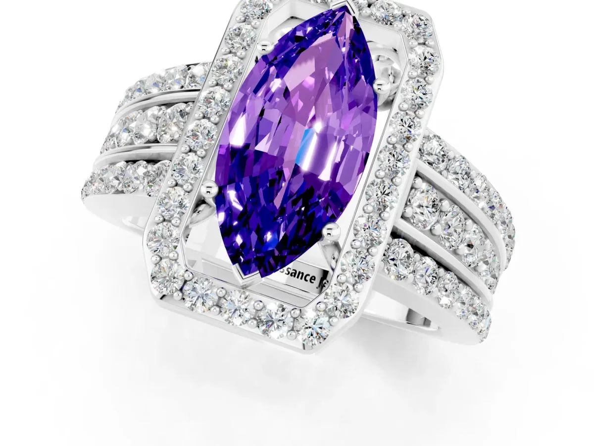 Marquise Cut Halo Tanzanite Ring with Round Split Shank and Prong Setting Platinum
