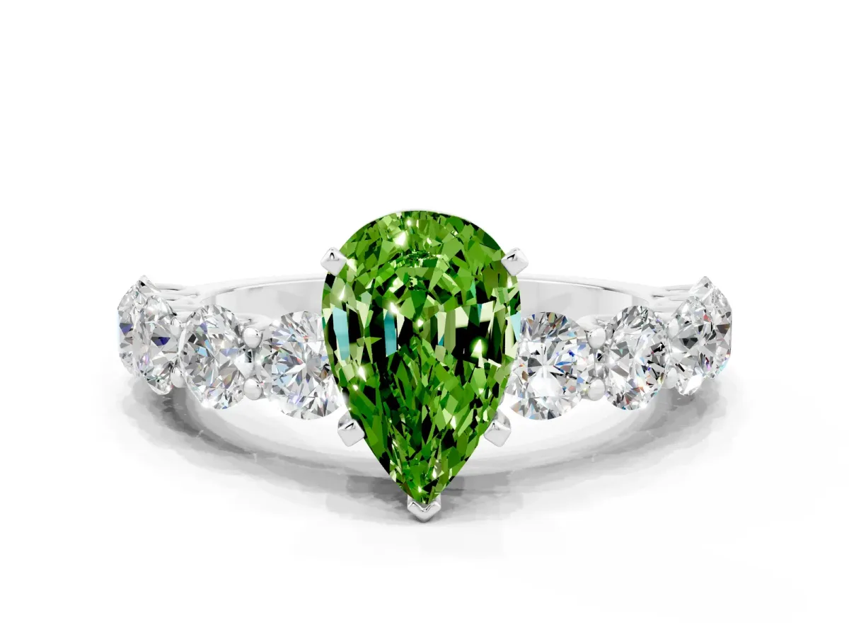 Pear Cut Peridot Prong Setting with Side Stones on a Pave Band White gold