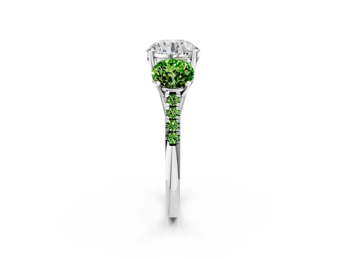 Three-Stone Round Cut Diamond Ring with Round Peridot Pavé Band and Prong Setting Silver