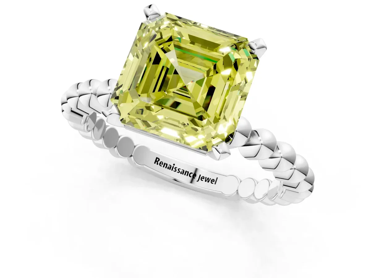 Fancy Yellow Asscher Cut Diamond Solitaire Ring with Beaded Band and Prong Setting Silver
