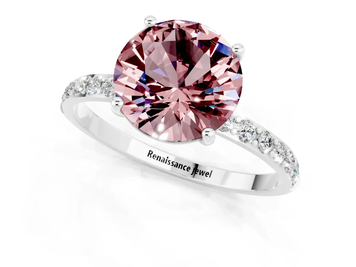Round Cut Morganite Solitaire Ring with Round Pavé Band and Prong Setting Silver