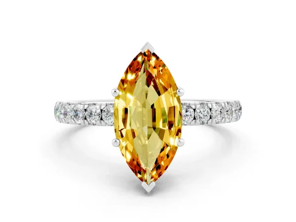 Marquise Cut Citrine Pave Band Solitaire Ring with Round and Prong Setting White gold