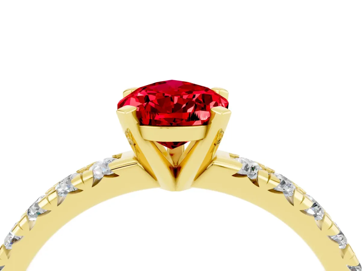 Pear Cut Ruby Solitaire Pavé Engagement Ring with Round Band and Prong Setting Yellow gold