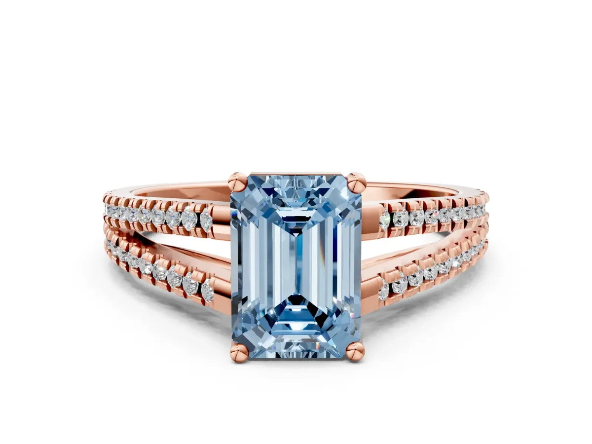 Fancy Blue Emerald Cut Diamond Solitaire Engagement Ring with Split Shank Pavé Band Rose gold