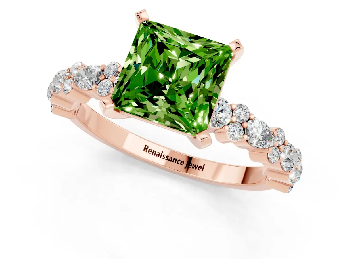 Princess Cut Peridot Side Stone Solitaire Ring with Round and Four-Prong Setting Rose gold