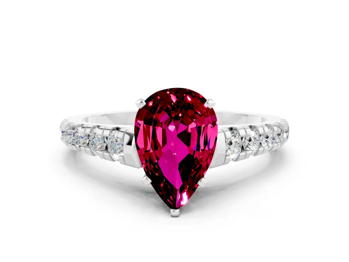 Pear Cut Garnet Cathedral Solitaire Ring with Round Pavé Band Silver
