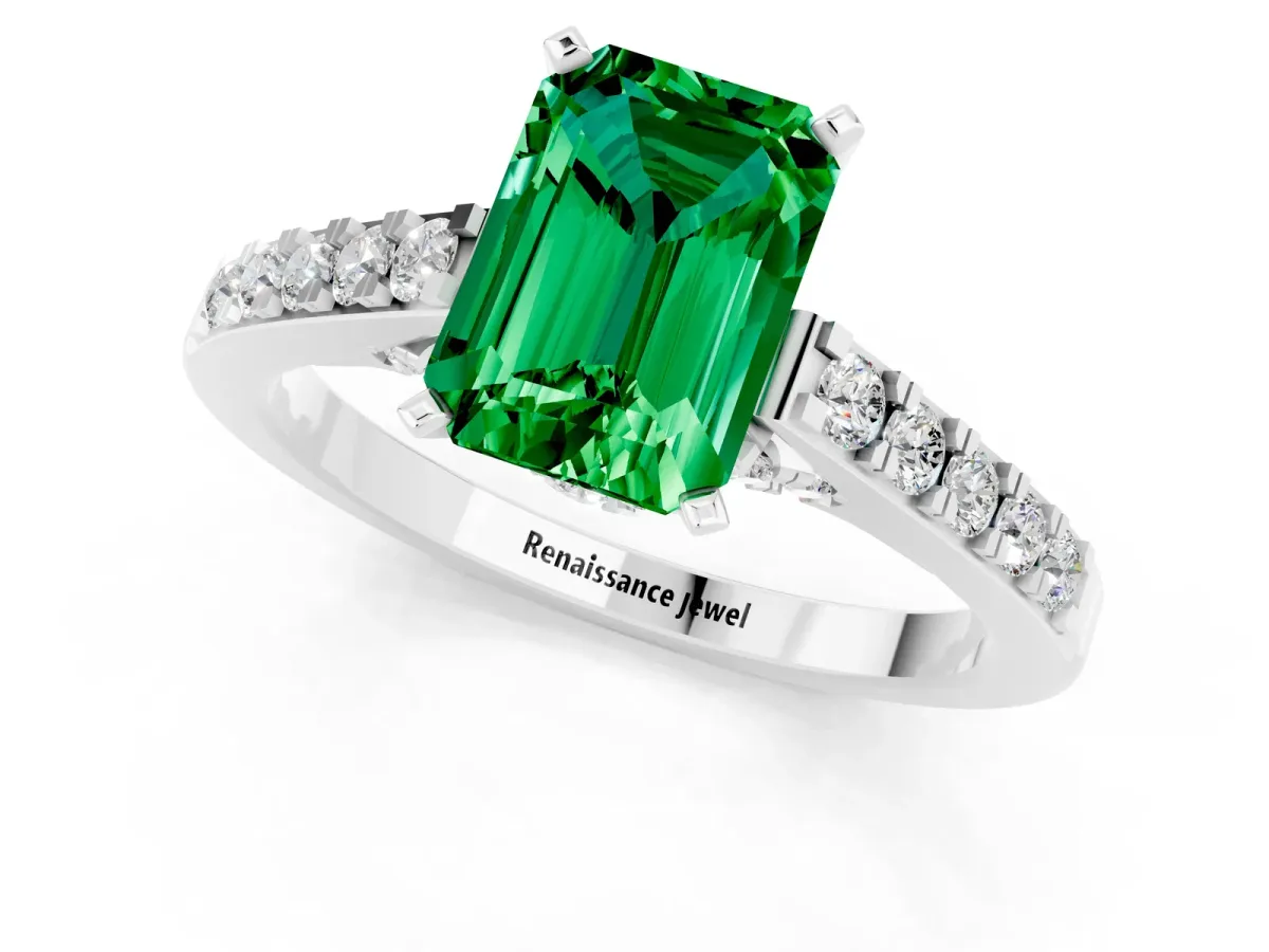 Emerald Cut Emerald Solitaire Ring with Crossover Gallery and Round Pavé Band Silver