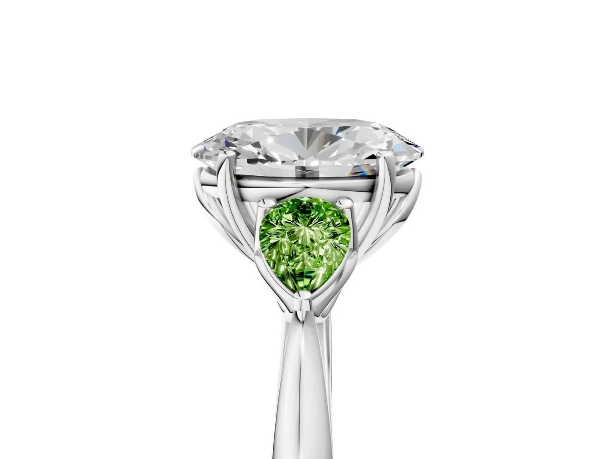 Oval Cut Diamond Three-Stone Ring with Pear Peridot Side Stones and Prong Setting Silver