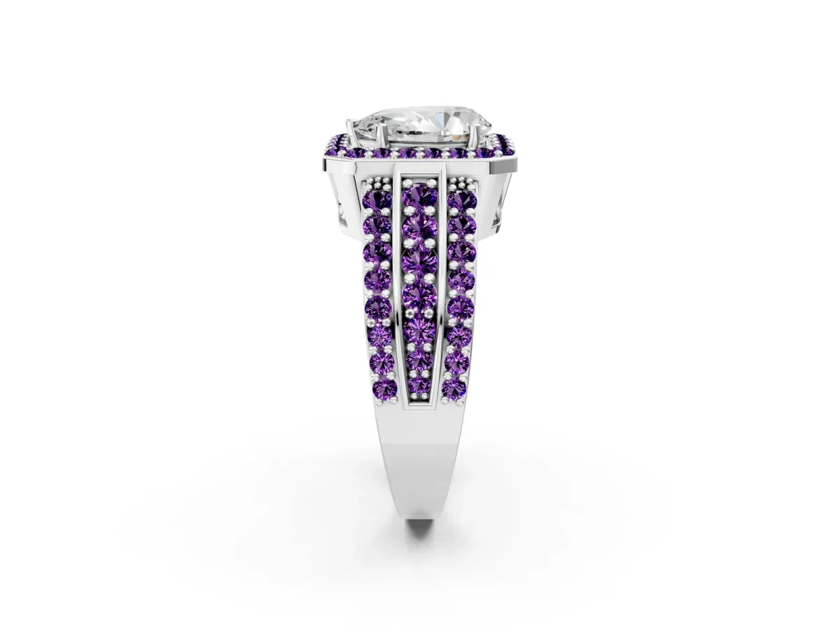 Pear Cut Halo Diamond Ring with Round Amethyst Split Shank and Prong Setting Silver