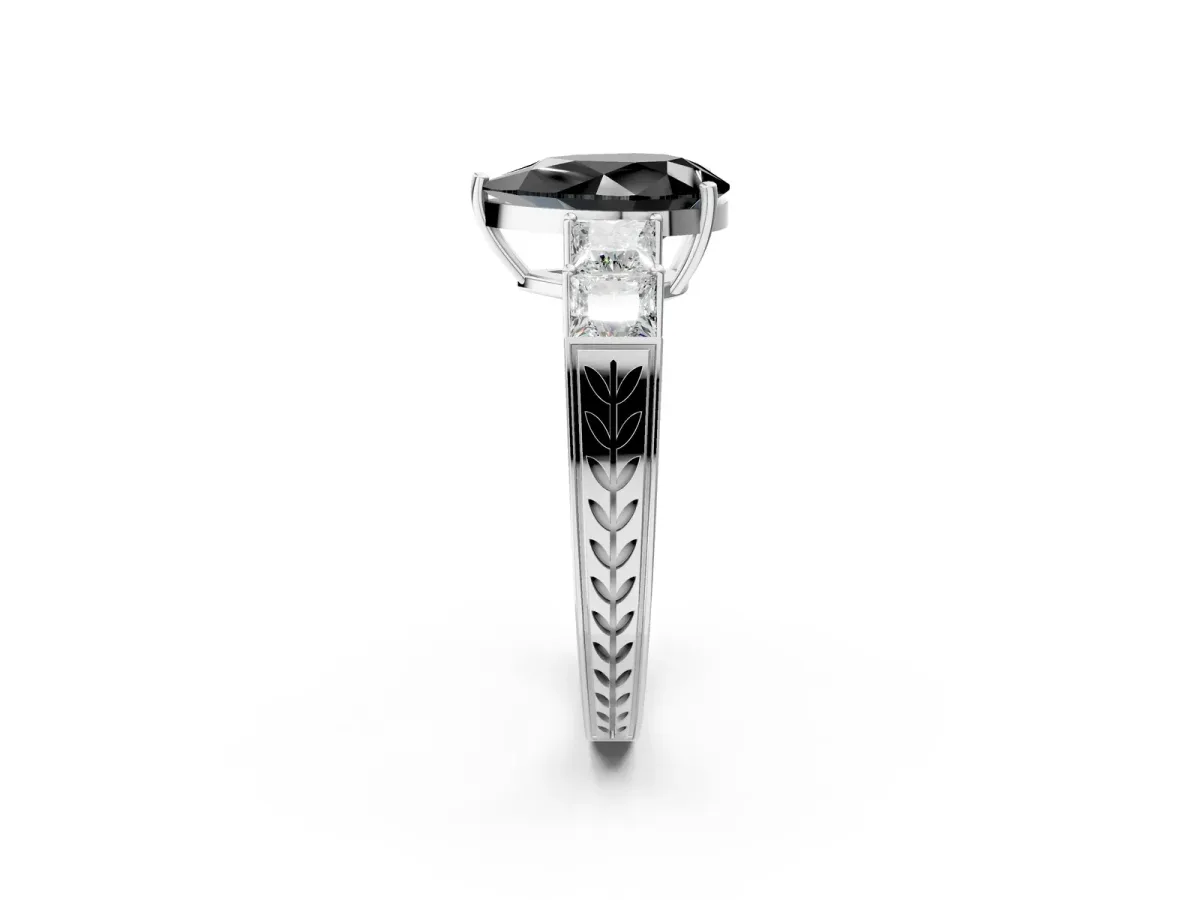 Fancy Black Pear Cut Solitaire Princess Side Stone Engraved Band Prong Setting Ring Platinum